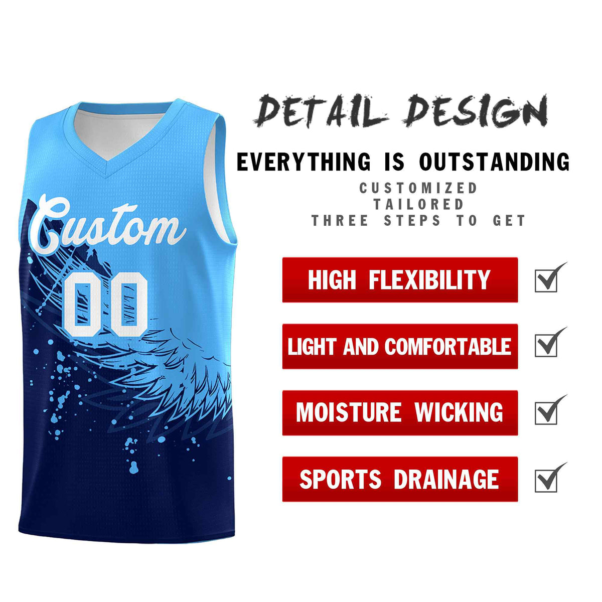 Custom Navy Powder Blue Wing Pattern Sports Uniform Basketball Jersey