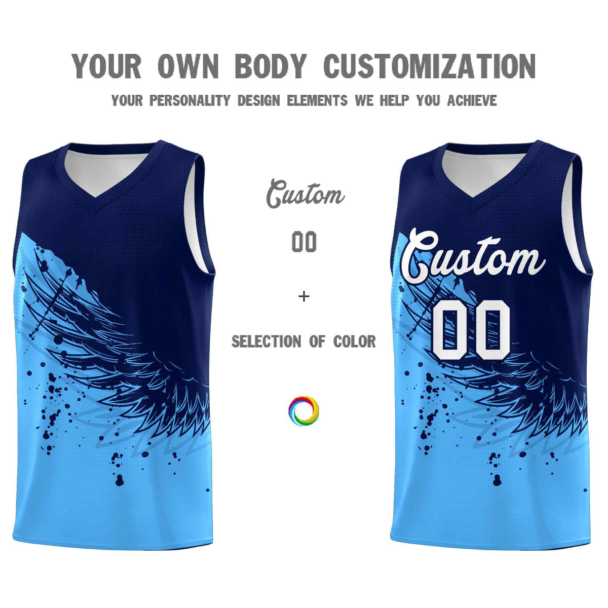 Custom Powder Blue Navy Wing Pattern Sports Uniform Basketball Jersey