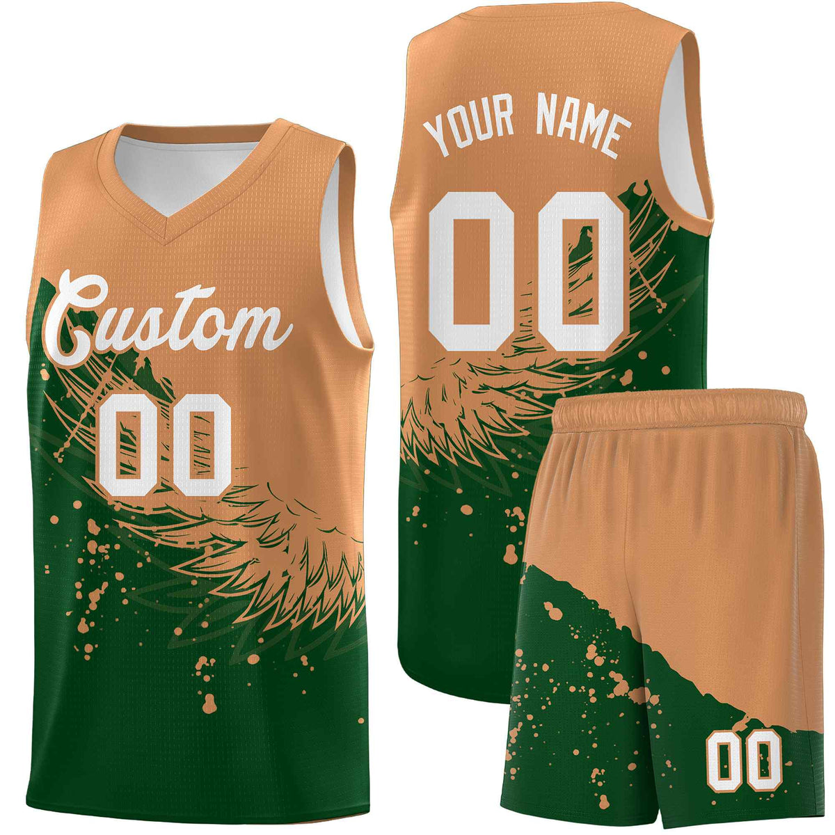 Custom Green Buckskin Brown Wing Pattern Sports Uniform Basketball Jersey
