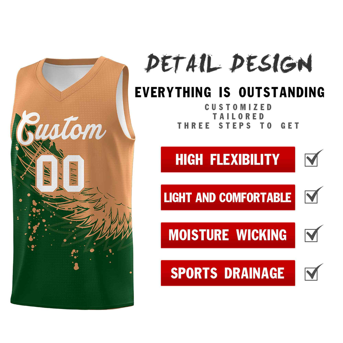 Custom Green Buckskin Brown Wing Pattern Sports Uniform Basketball Jersey