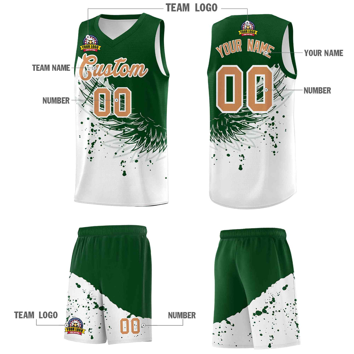 Custom White Green Wing Pattern Sports Uniform Basketball Jersey