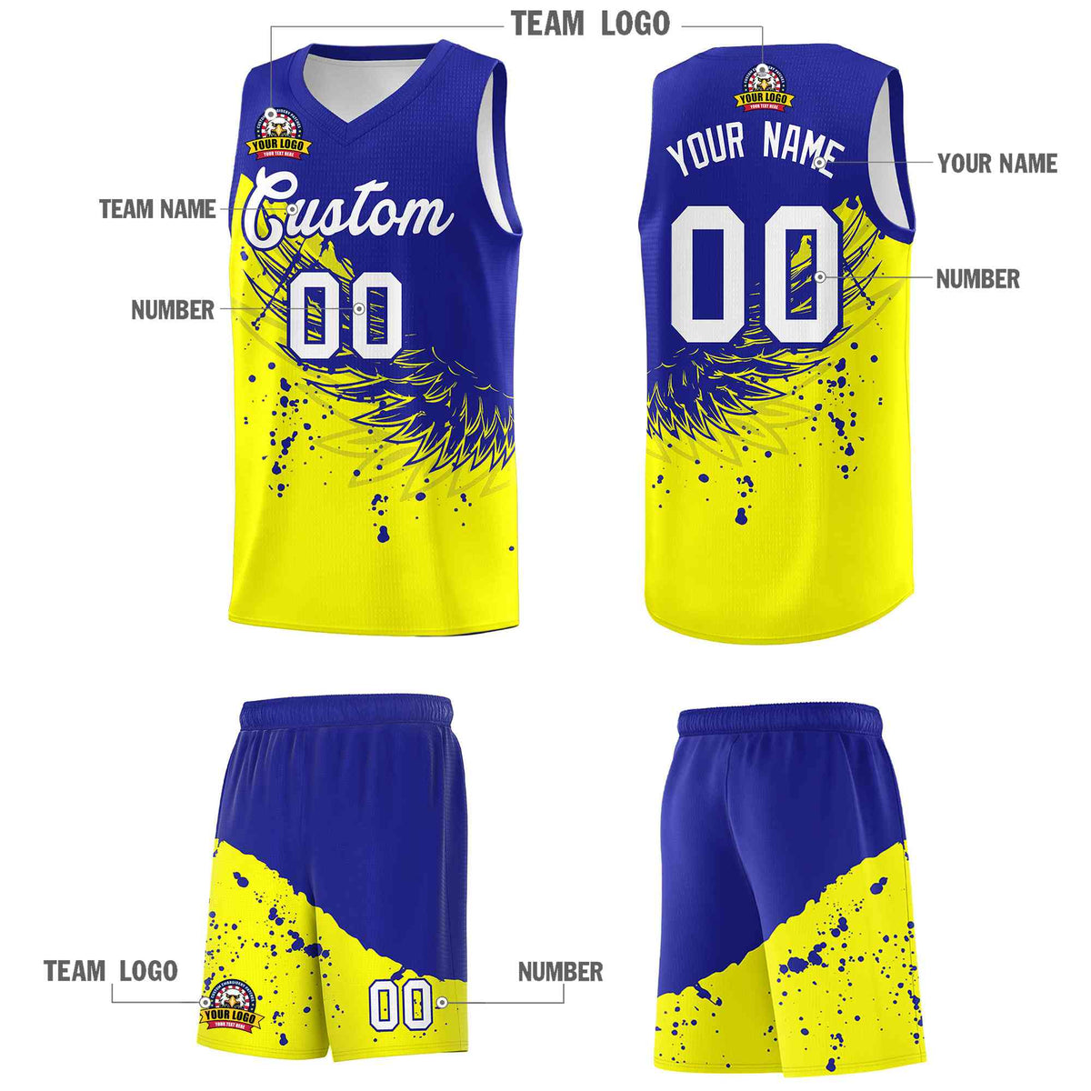 Custom Fluorescent Yellow Royal Wing Pattern Sports Uniform Basketball Jersey