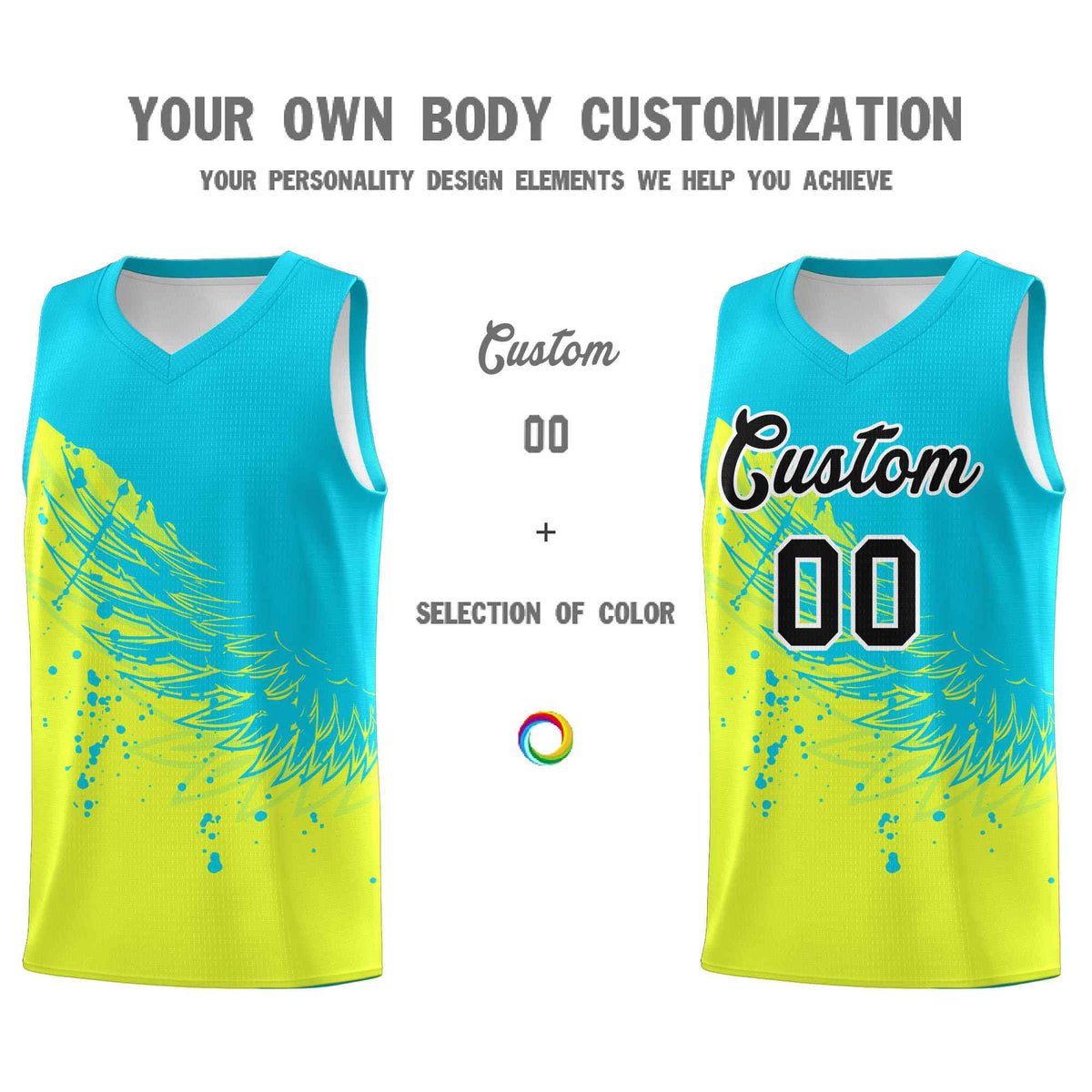 Custom Fluorescent Green Sky Blue Wing Pattern Sports Uniform Basketball Jersey
