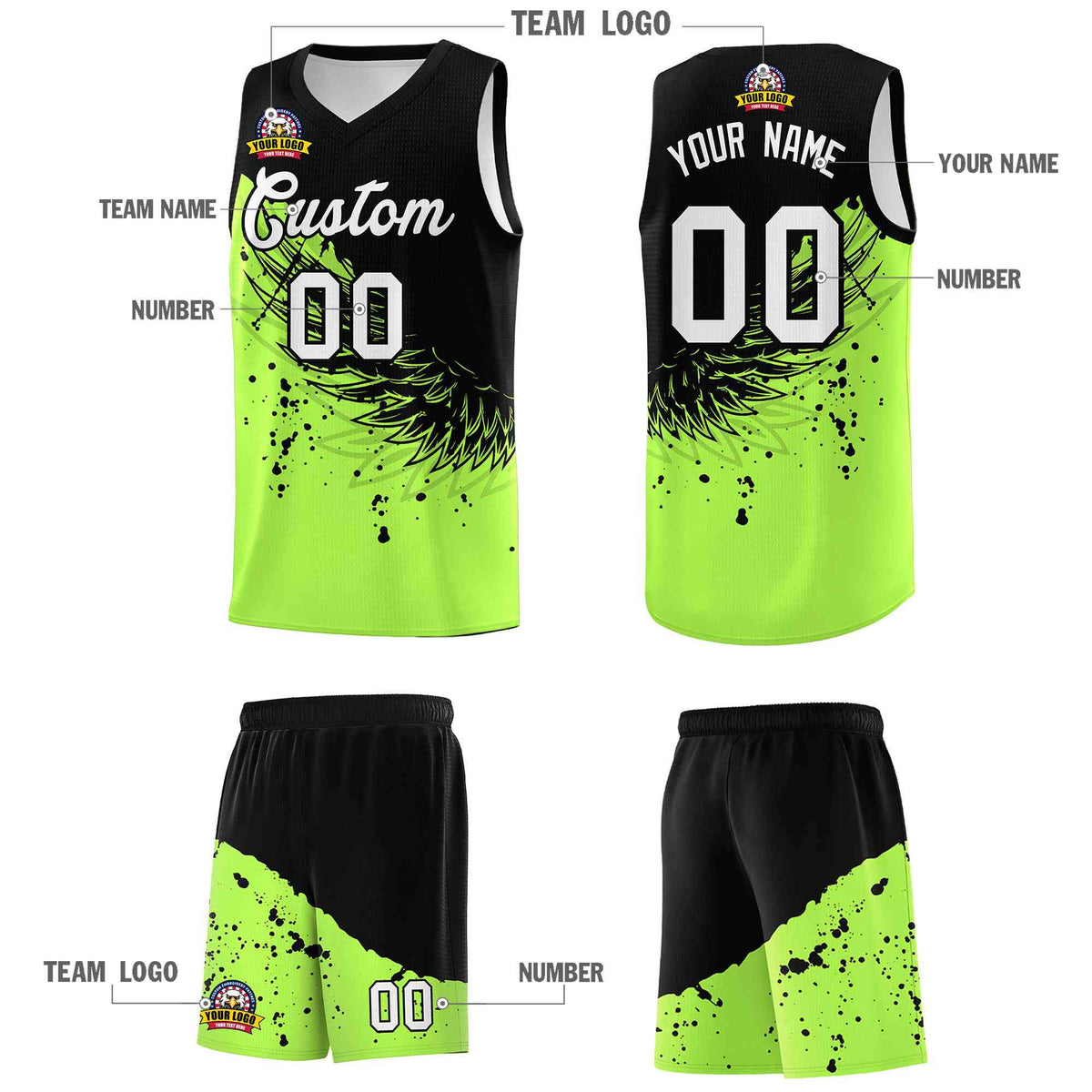 Custom Fluorescent Green Black Wing Pattern Sports Uniform Basketball Jersey