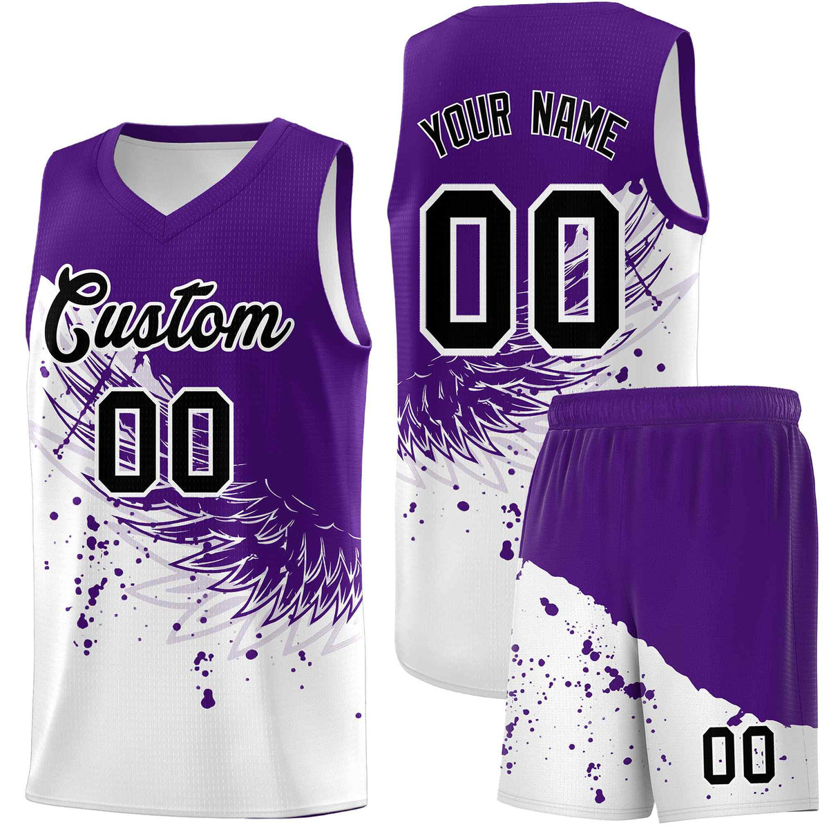 Custom White Purple Wing Pattern Sports Uniform Basketball Jersey