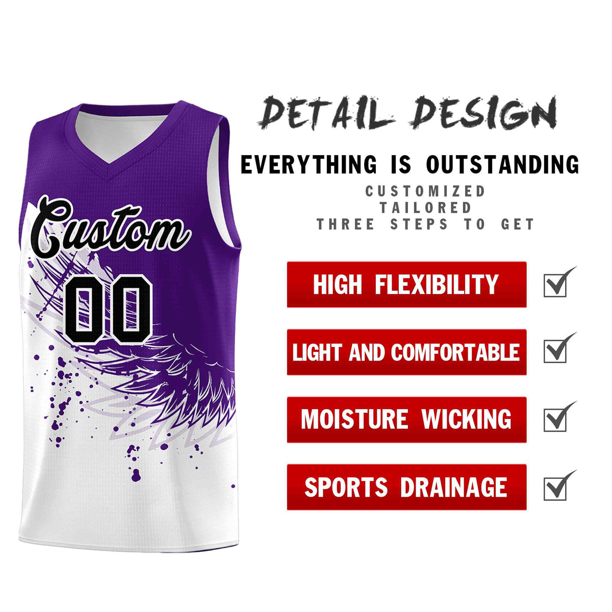 Custom White Purple Wing Pattern Sports Uniform Basketball Jersey