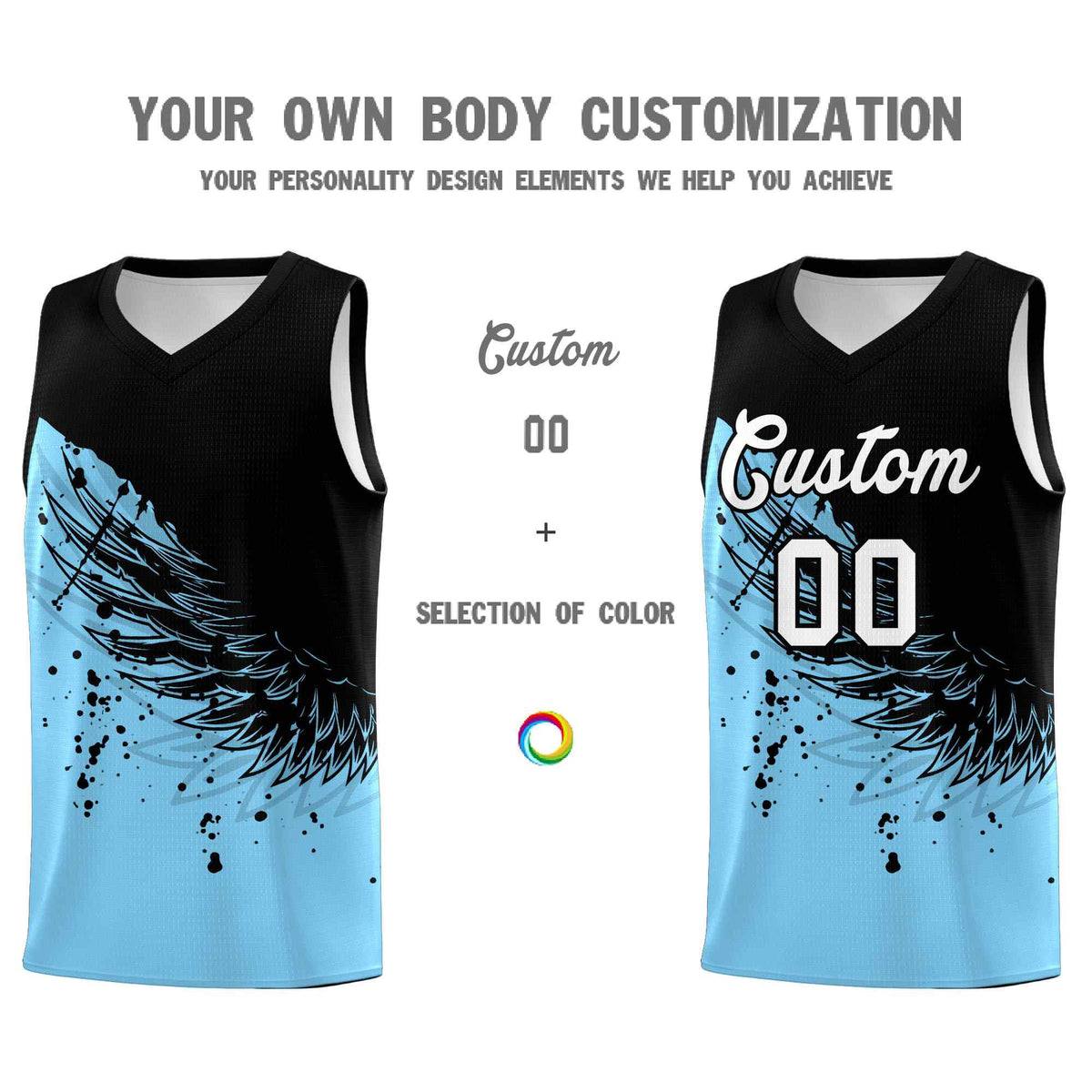 Custom Light Blue Black Wing Pattern Sports Uniform Basketball Jersey