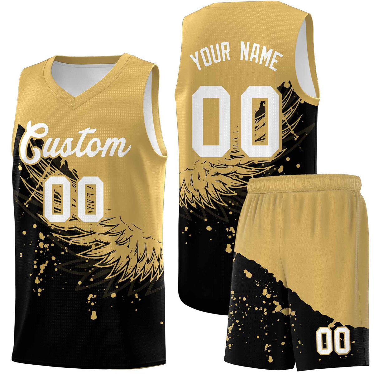Custom Black Old Gold Wing Pattern Sports Uniform Basketball Jersey