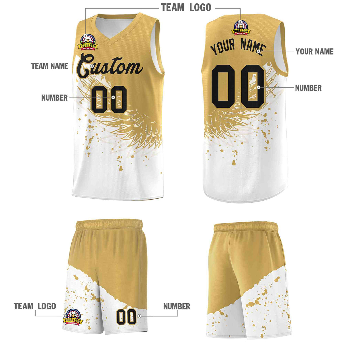 Custom White Old Gold Wing Pattern Sports Uniform Basketball Jersey