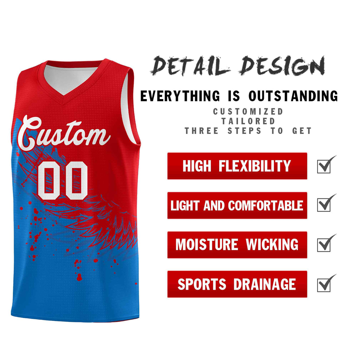 Custom Royal Red Wing Pattern Sports Uniform Basketball Jersey