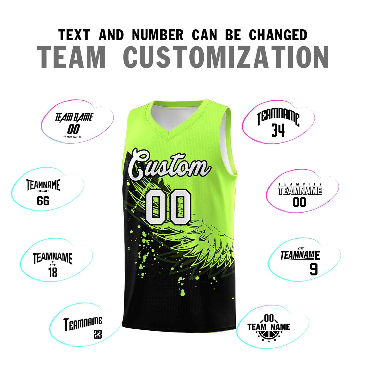 Custom Black Fluorescent Green Wing Pattern Sports Uniform Basketball Jersey