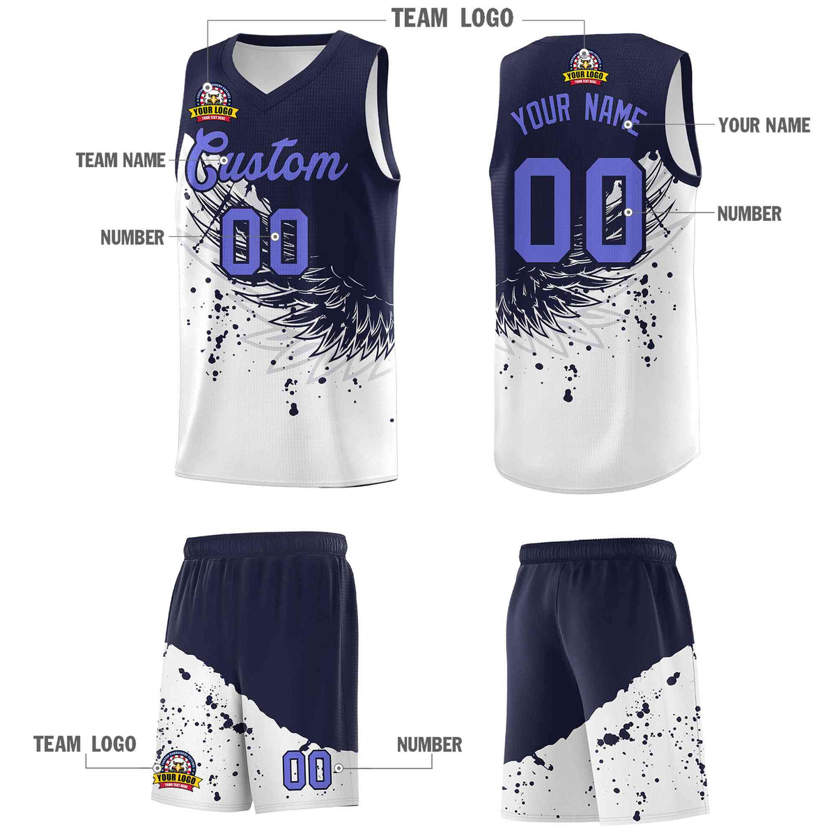 Custom White Navy Wing Pattern Sports Uniform Basketball Jersey