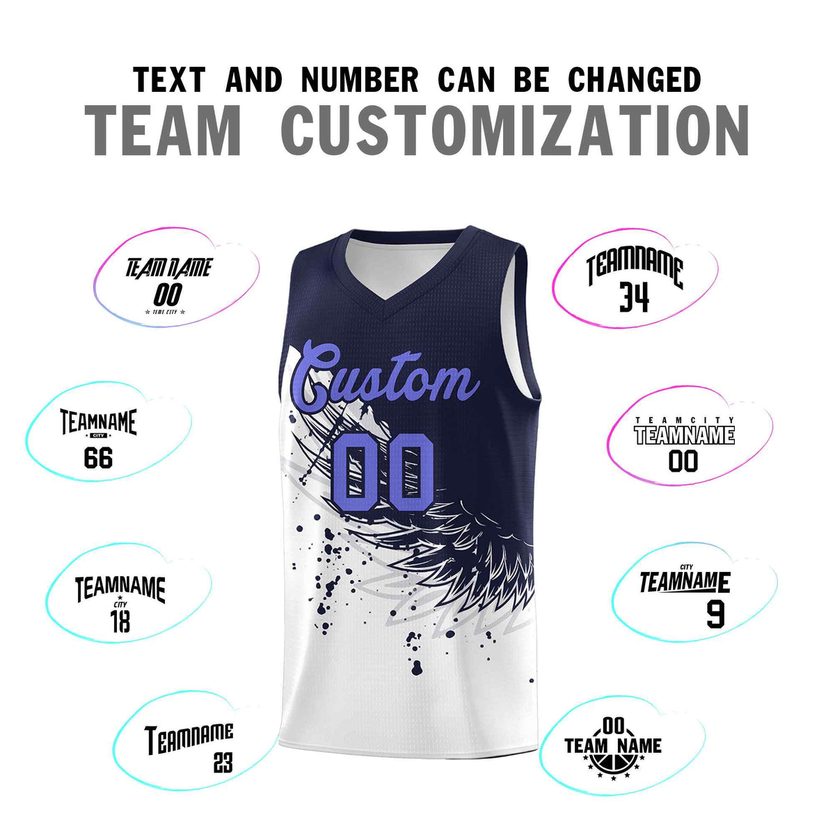 Custom White Navy Wing Pattern Sports Uniform Basketball Jersey