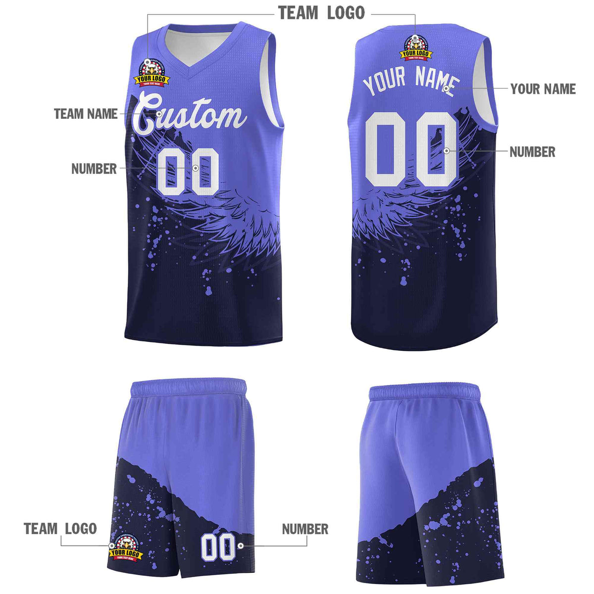 Custom Navy Purple Wing Pattern Sports Uniform Basketball Jersey