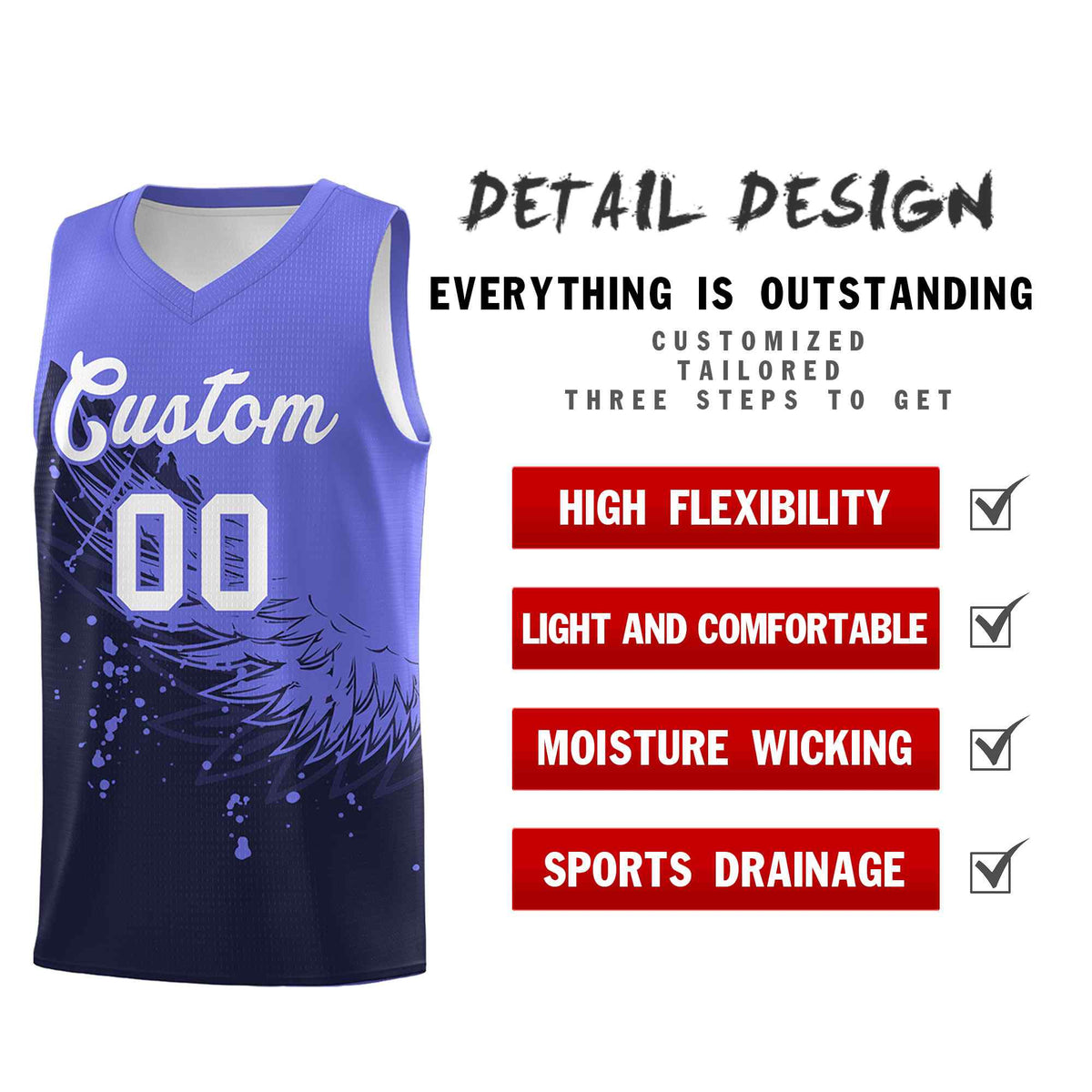 Custom Navy Purple Wing Pattern Sports Uniform Basketball Jersey