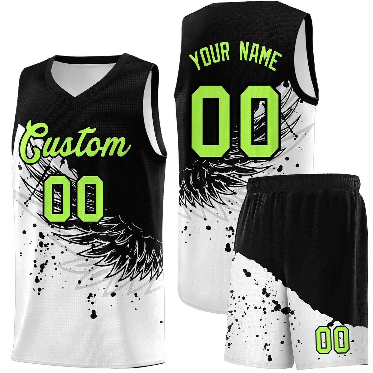 Custom White Black Wing Pattern Sports Uniform Basketball Jersey