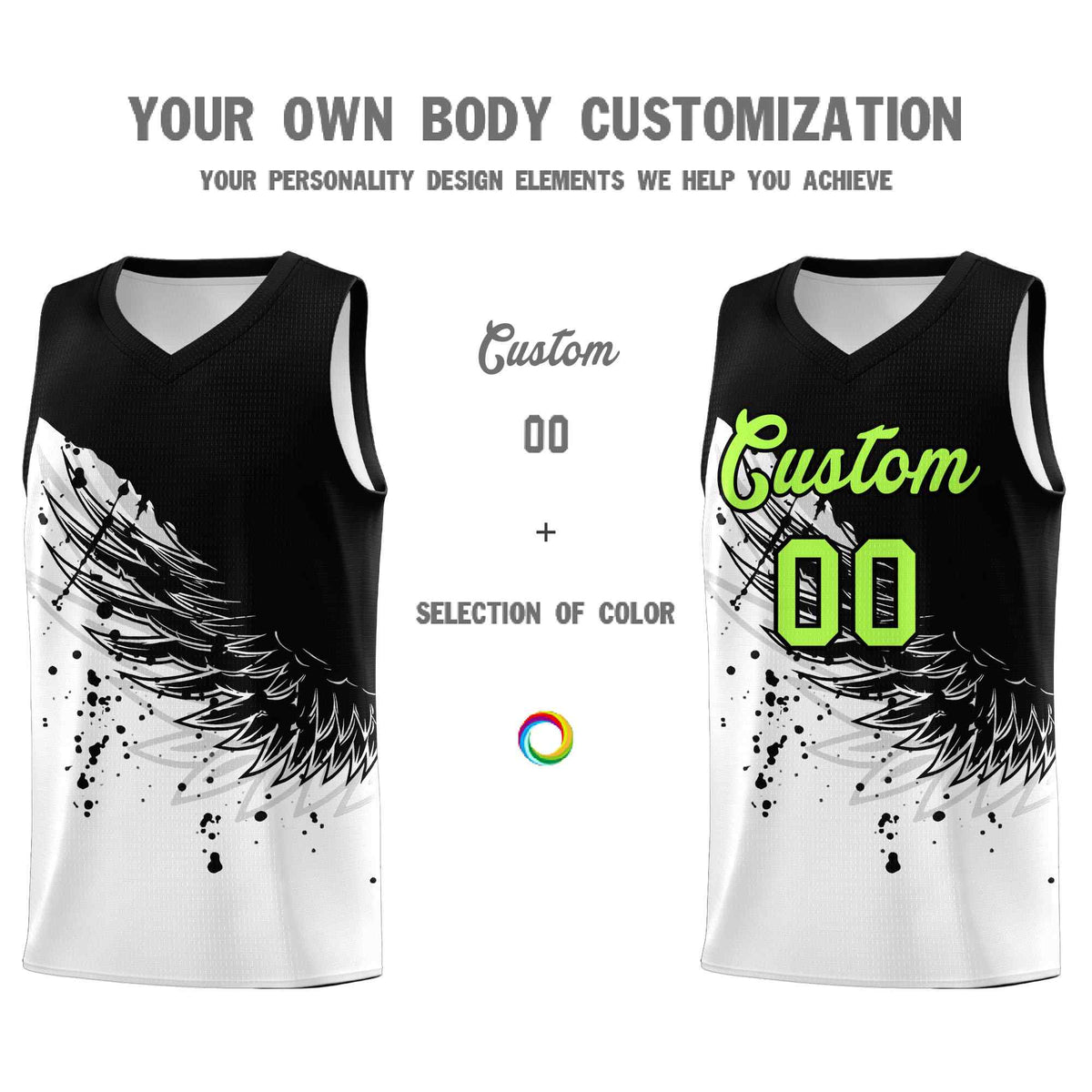 Custom White Black Wing Pattern Sports Uniform Basketball Jersey