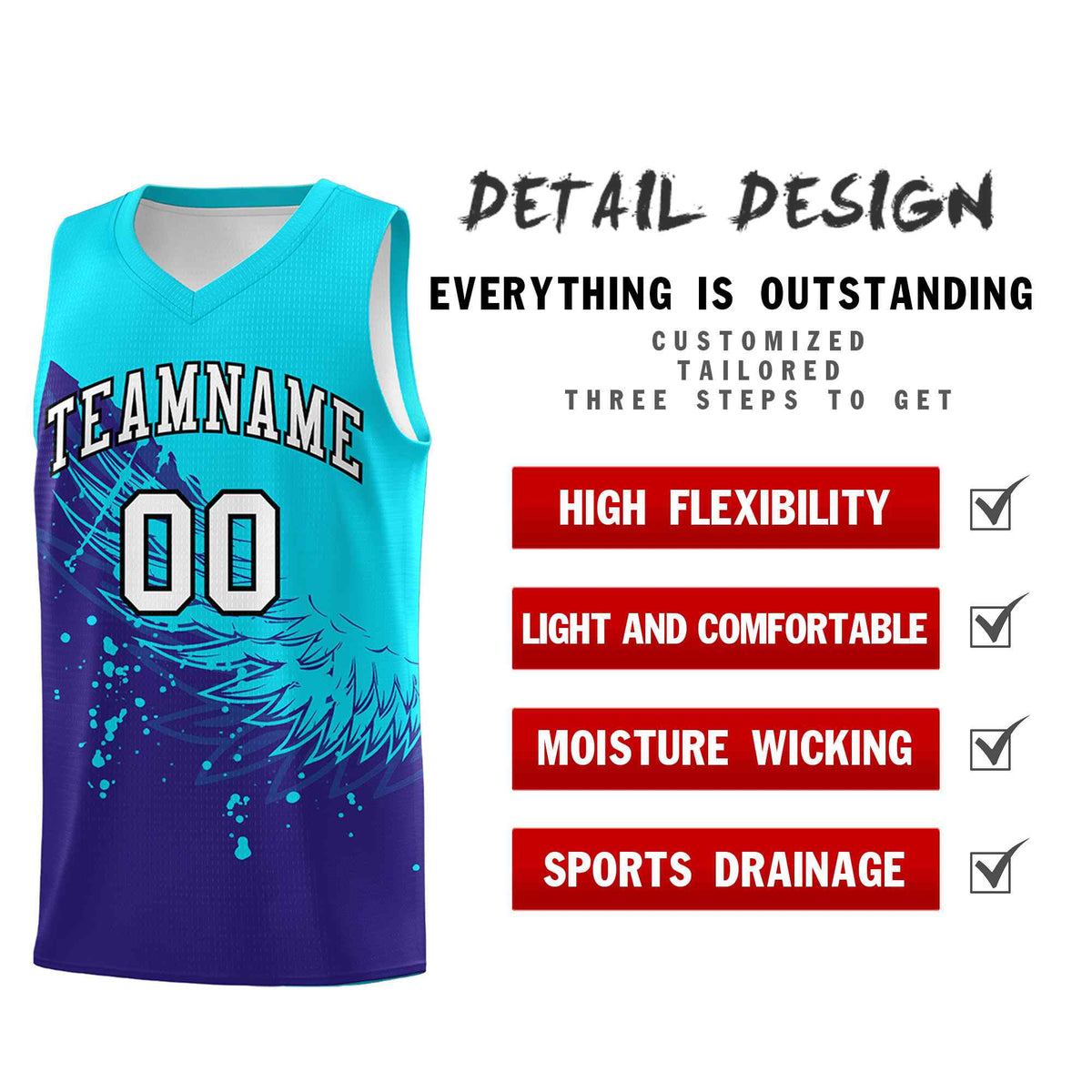 Custom Royal Sky Blue Wing Pattern Sports Uniform Basketball Jersey