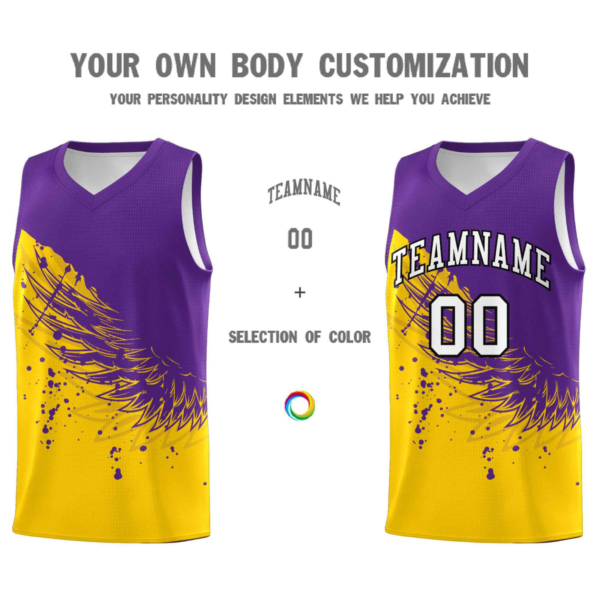 Custom Gold Purple Wing Pattern Sports Uniform Basketball Jersey