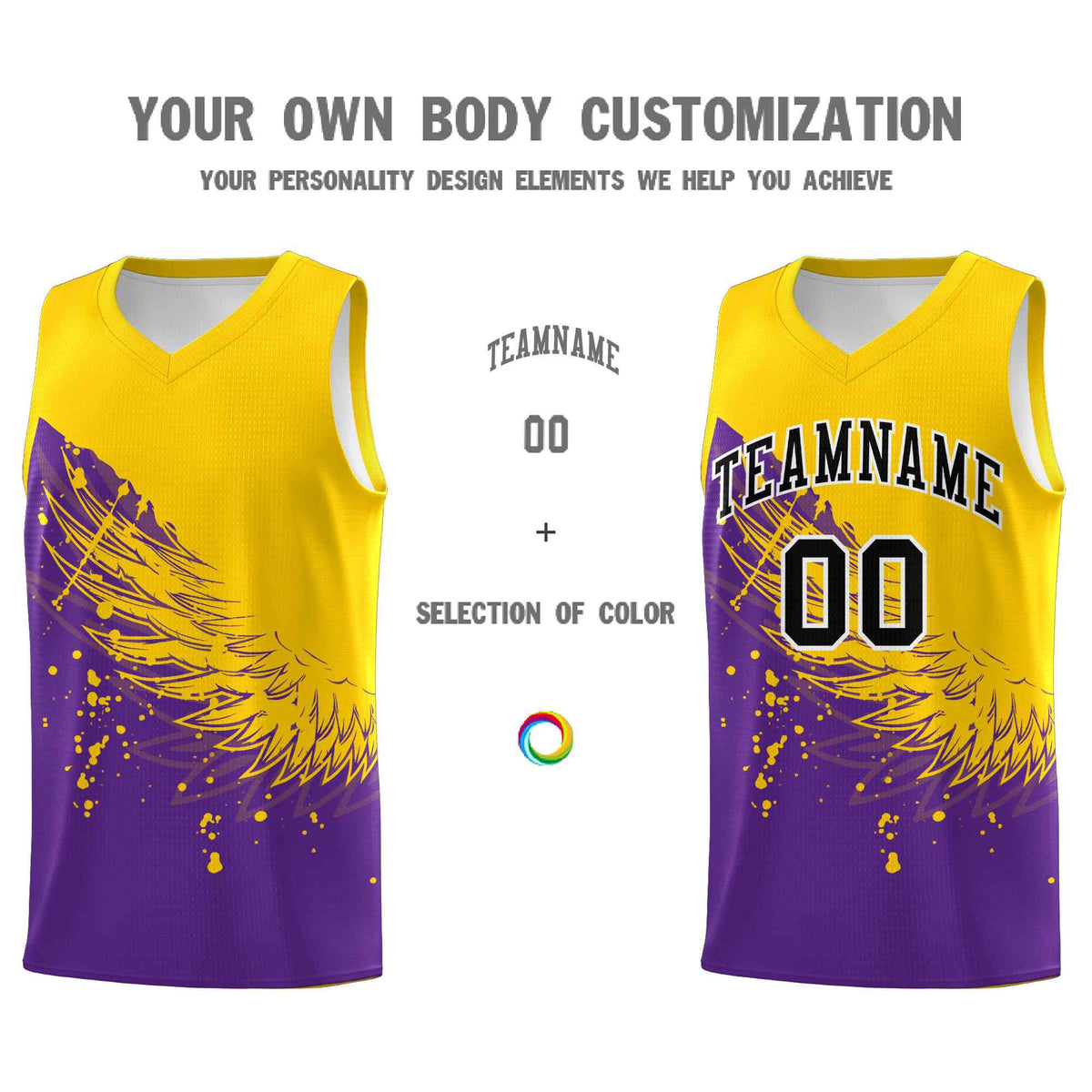 Custom Purple Gold Wing Pattern Sports Uniform Basketball Jersey