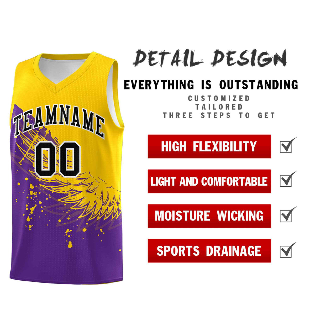 Custom Purple Gold Wing Pattern Sports Uniform Basketball Jersey