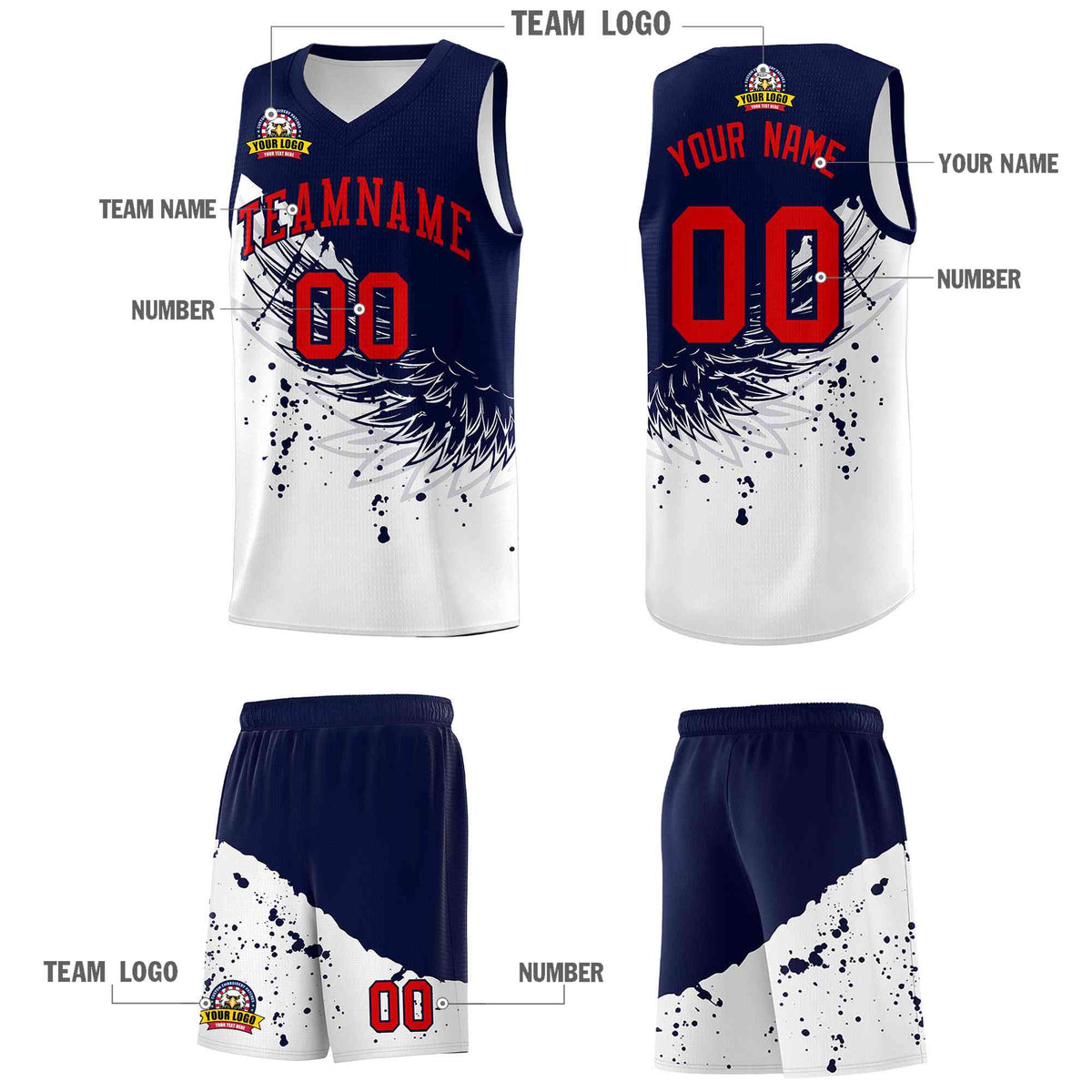Custom White Navy Wing Pattern Sports Uniform Basketball Jersey