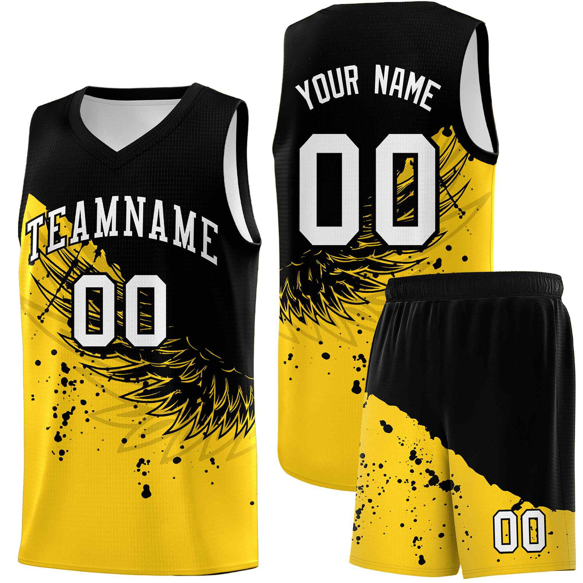 Custom Gold Black Wing Pattern Sports Uniform Basketball Jersey