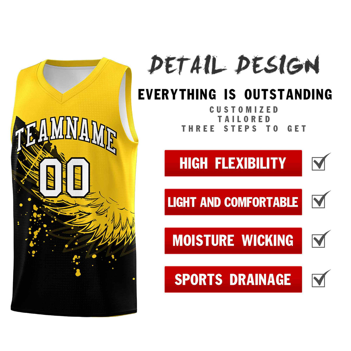Custom Black Gold Wing Pattern Sports Uniform Basketball Jersey