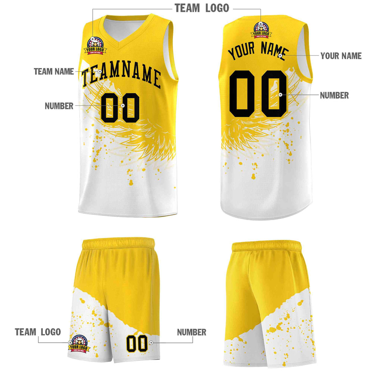 Custom White Gold Wing Pattern Sports Uniform Basketball Jersey