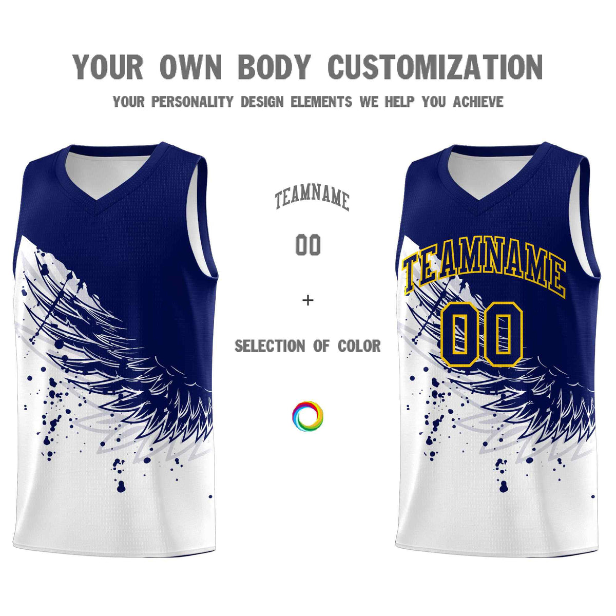 Custom White Navy Wing Pattern Sports Uniform Basketball Jersey