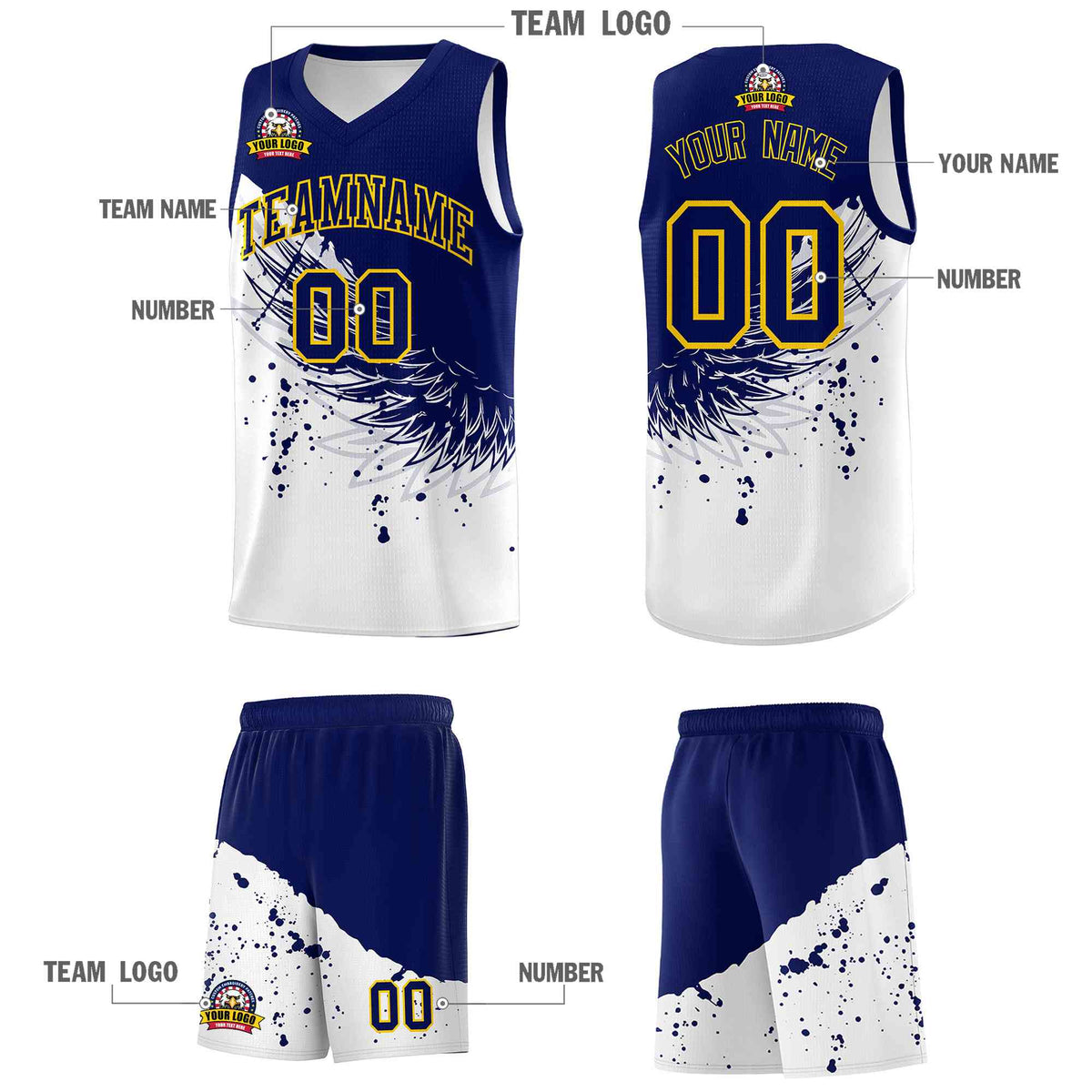 Custom White Navy Wing Pattern Sports Uniform Basketball Jersey