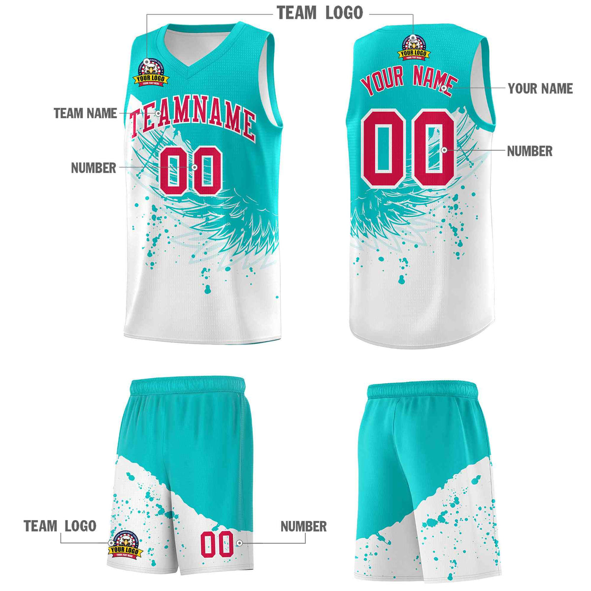 Custom White Aqua Wing Pattern Sports Uniform Basketball Jersey