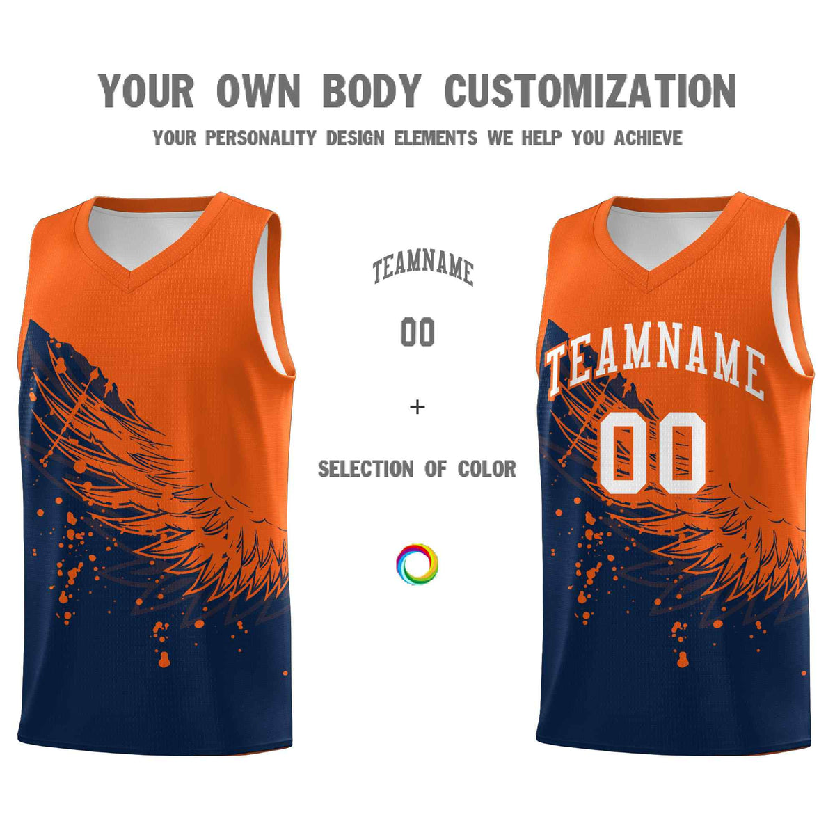 Custom Navy Orange Wing Pattern Sports Uniform Basketball Jersey