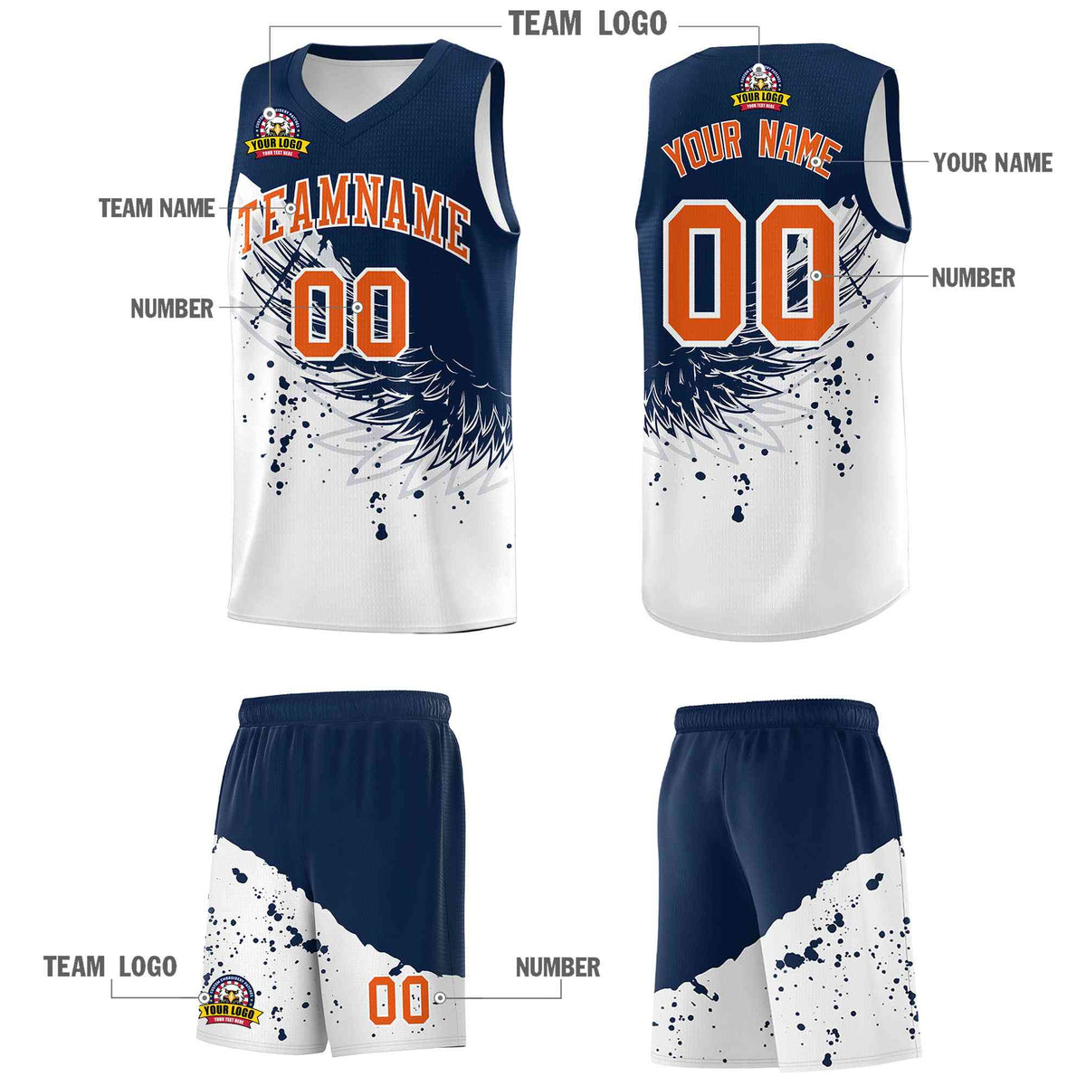 Custom White Navy Wing Pattern Sports Uniform Basketball Jersey