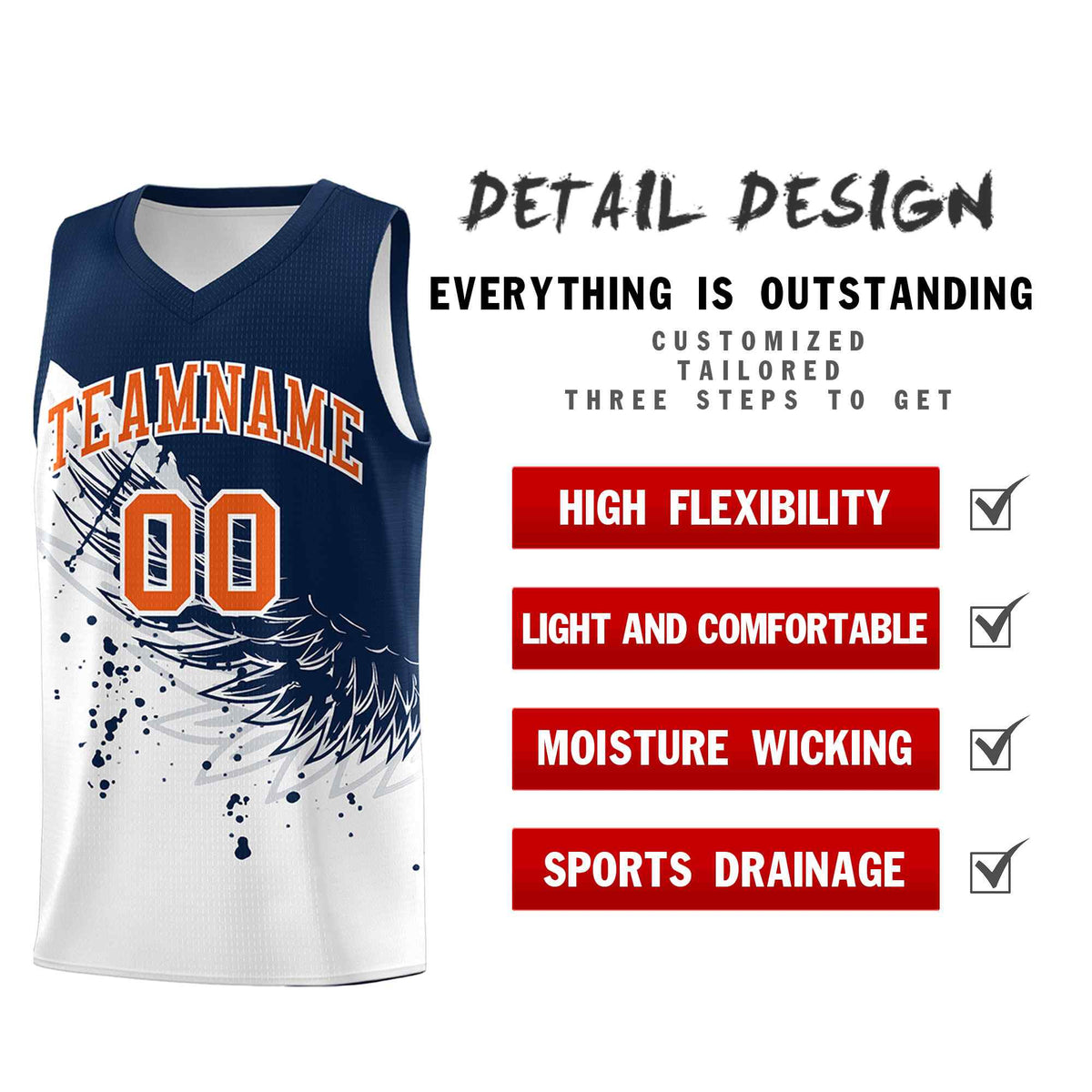 Custom White Navy Wing Pattern Sports Uniform Basketball Jersey