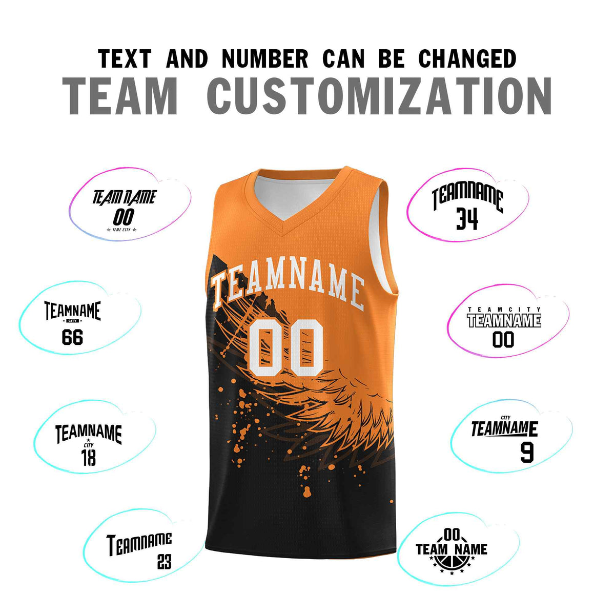 Custom Black Gold Orange Wing Pattern Sports Uniform Basketball Jersey