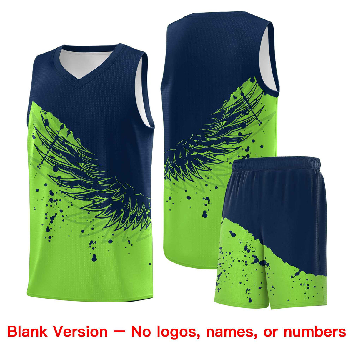 Custom Fluorescent Green Navy Wing Pattern Sports Uniform Basketball Jersey