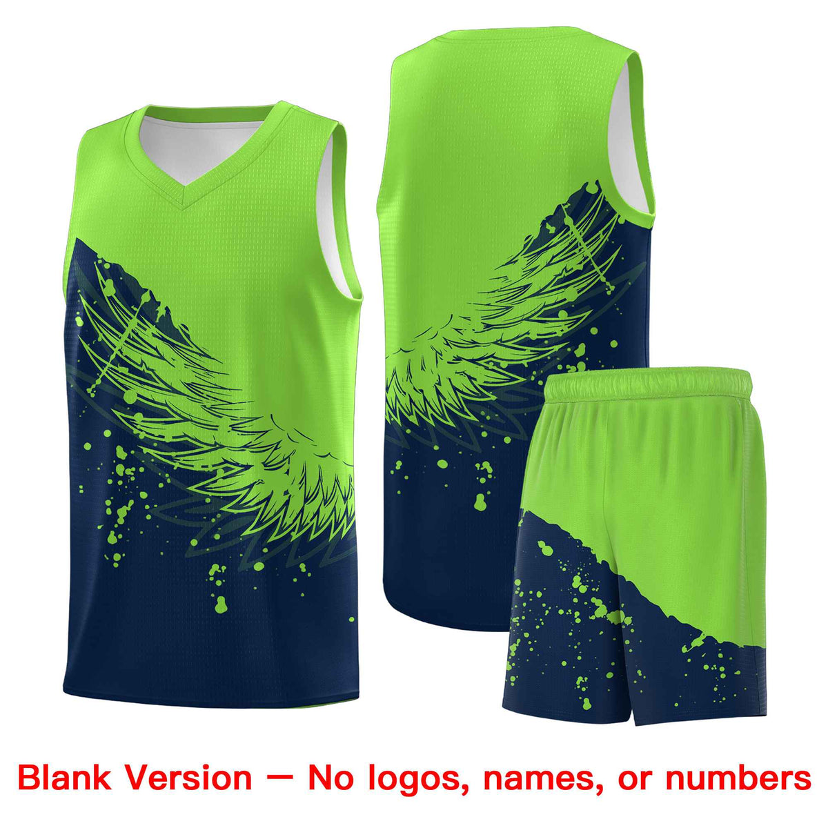 Custom Navy Fluorescent Green Wing Pattern Sports Uniform Basketball Jersey