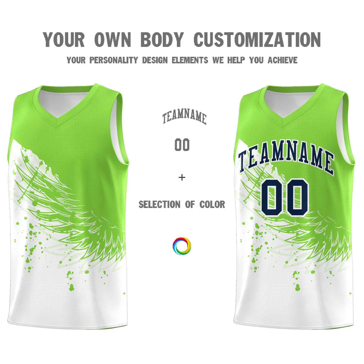 Custom White Fluorescent Green Wing Pattern Sports Uniform Basketball Jersey