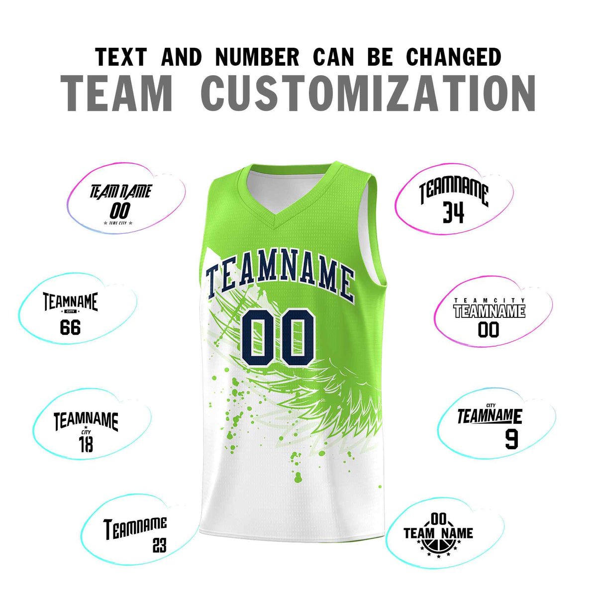Custom White Fluorescent Green Wing Pattern Sports Uniform Basketball Jersey