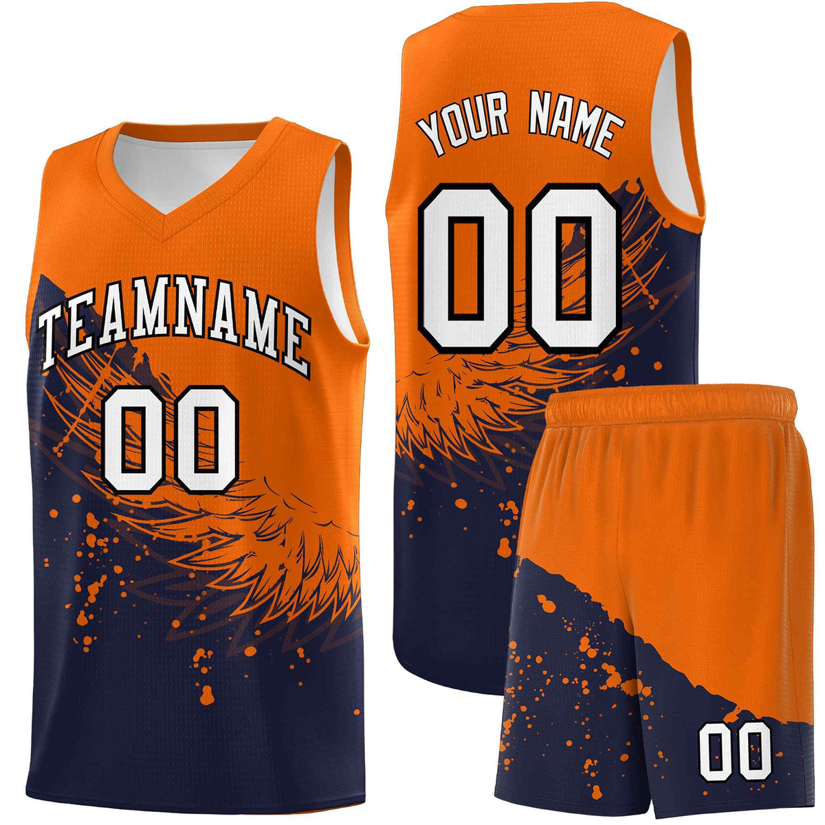 Custom Navy Orange Wing Pattern Sports Uniform Basketball Jersey