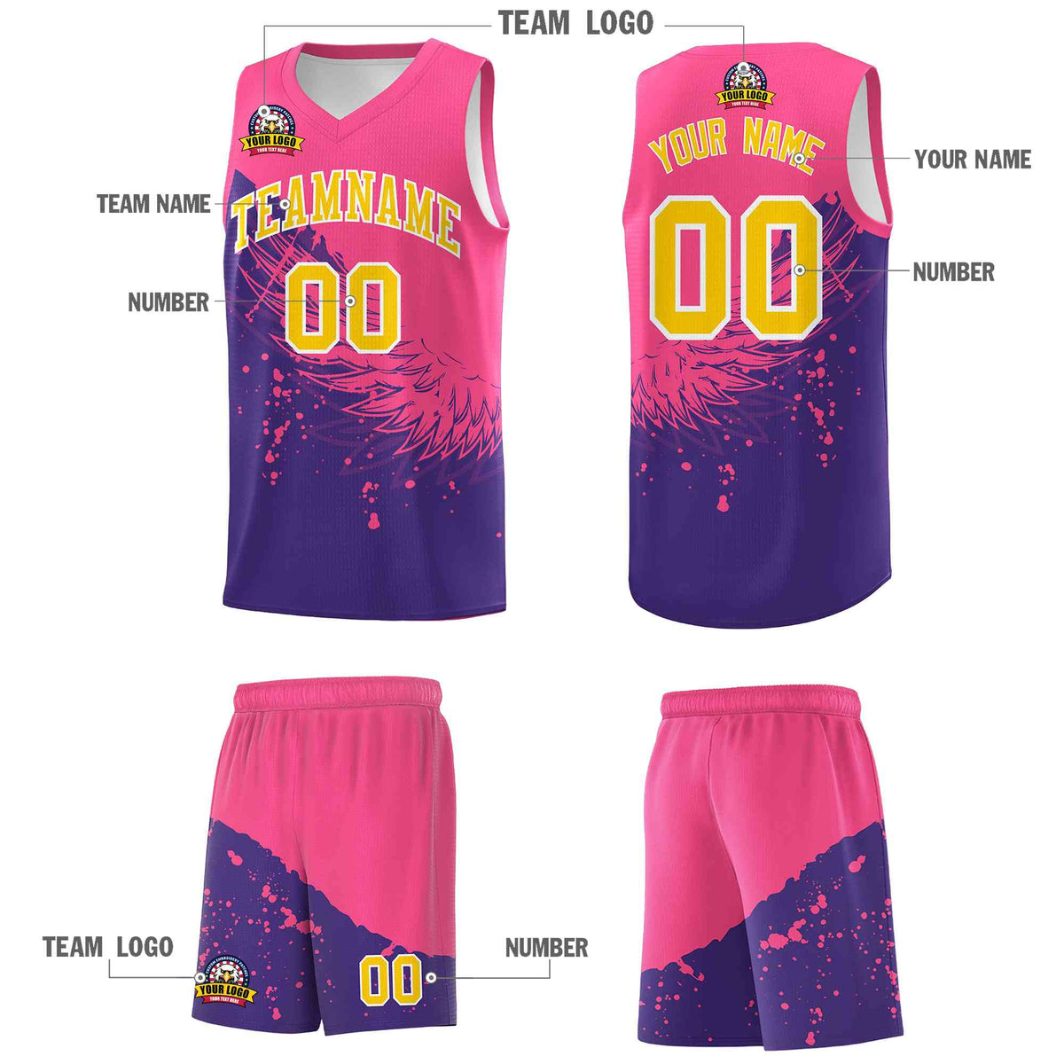 Custom Purple Pink Wing Pattern Sports Uniform Basketball Jersey