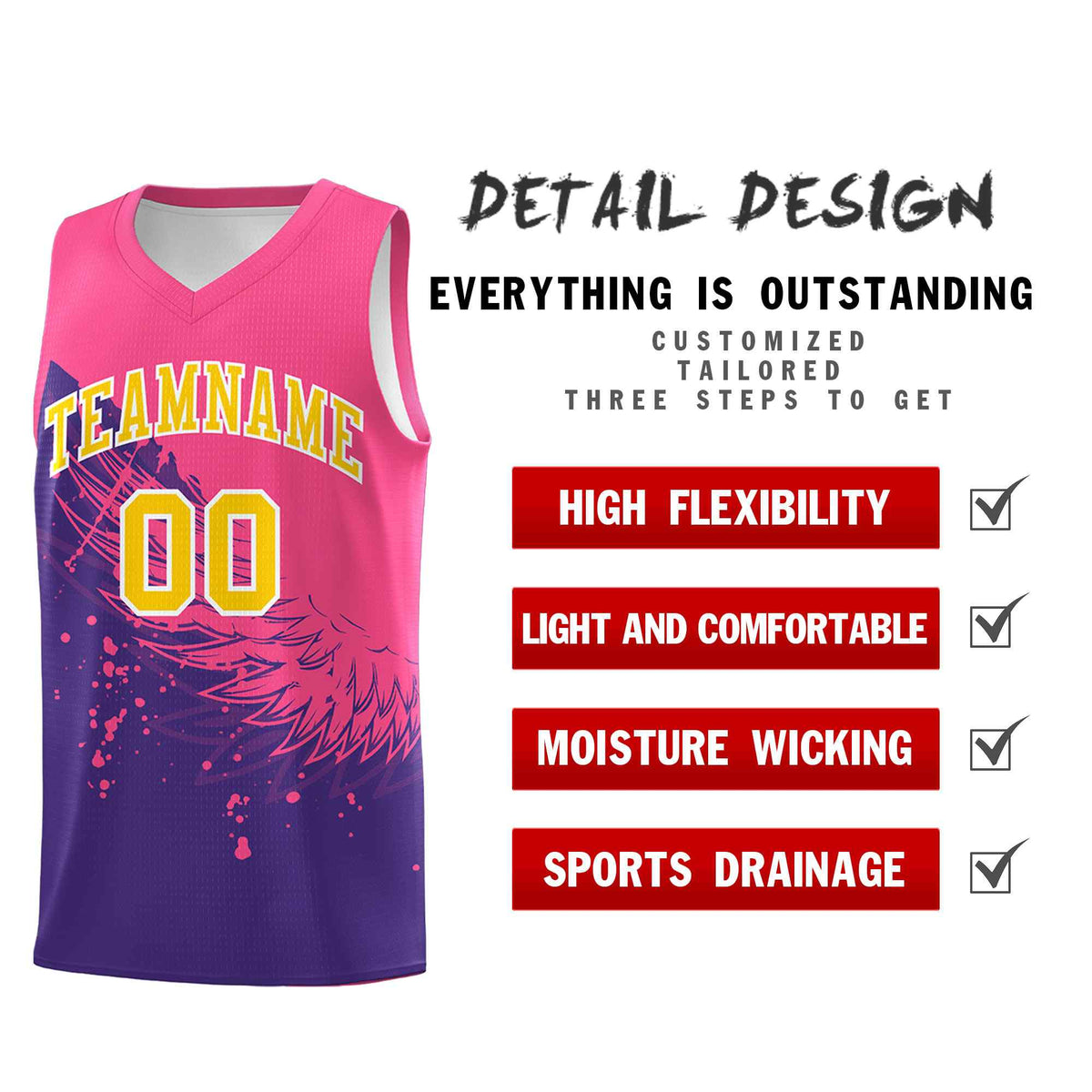 Custom Purple Pink Wing Pattern Sports Uniform Basketball Jersey