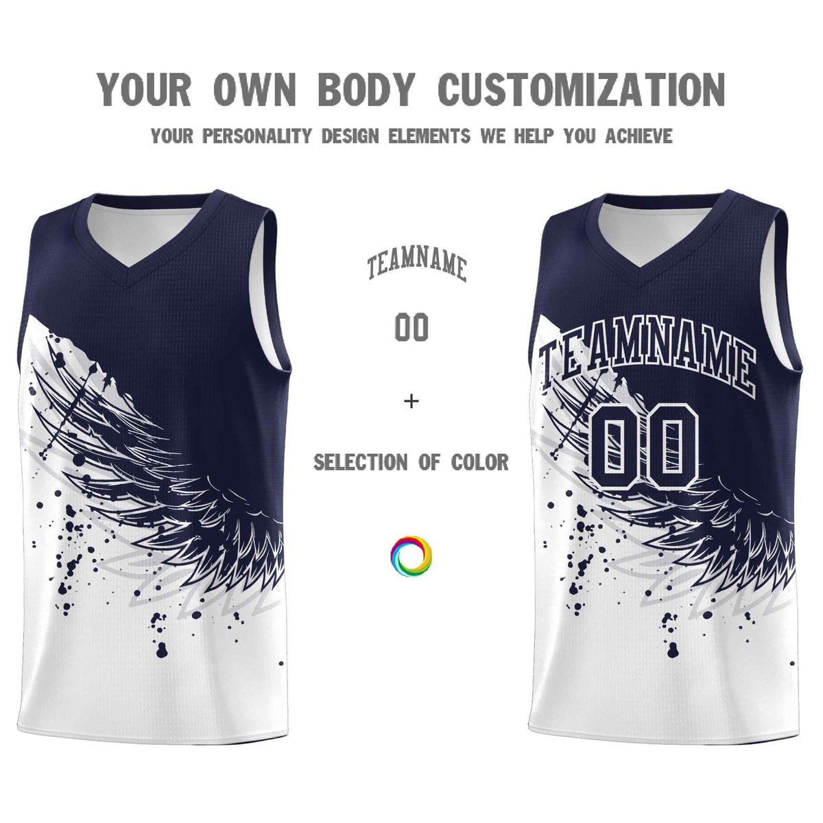 Custom White Navy Wing Pattern Sports Uniform Basketball Jersey