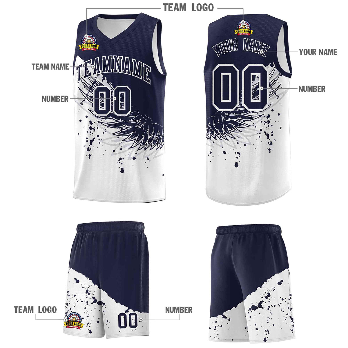 Custom White Navy Wing Pattern Sports Uniform Basketball Jersey