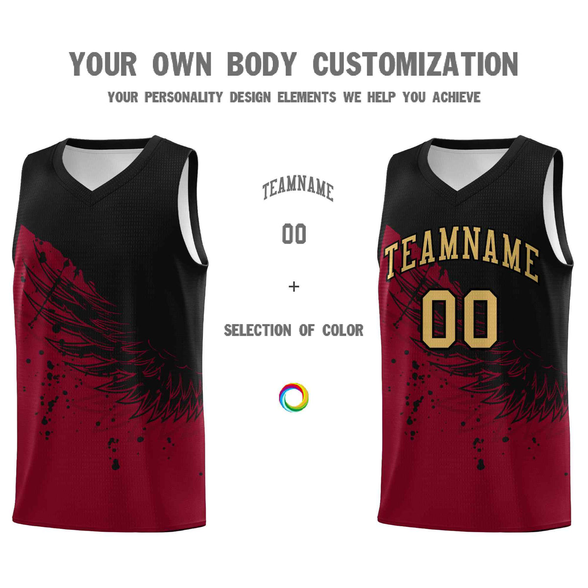 Custom Crimson Black Wing Pattern Sports Uniform Basketball Jersey