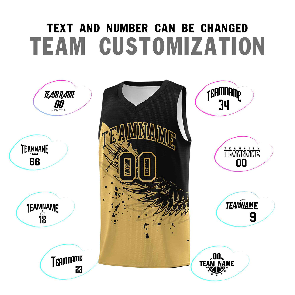 Custom Old Gold Black Wing Pattern Sports Uniform Basketball Jersey