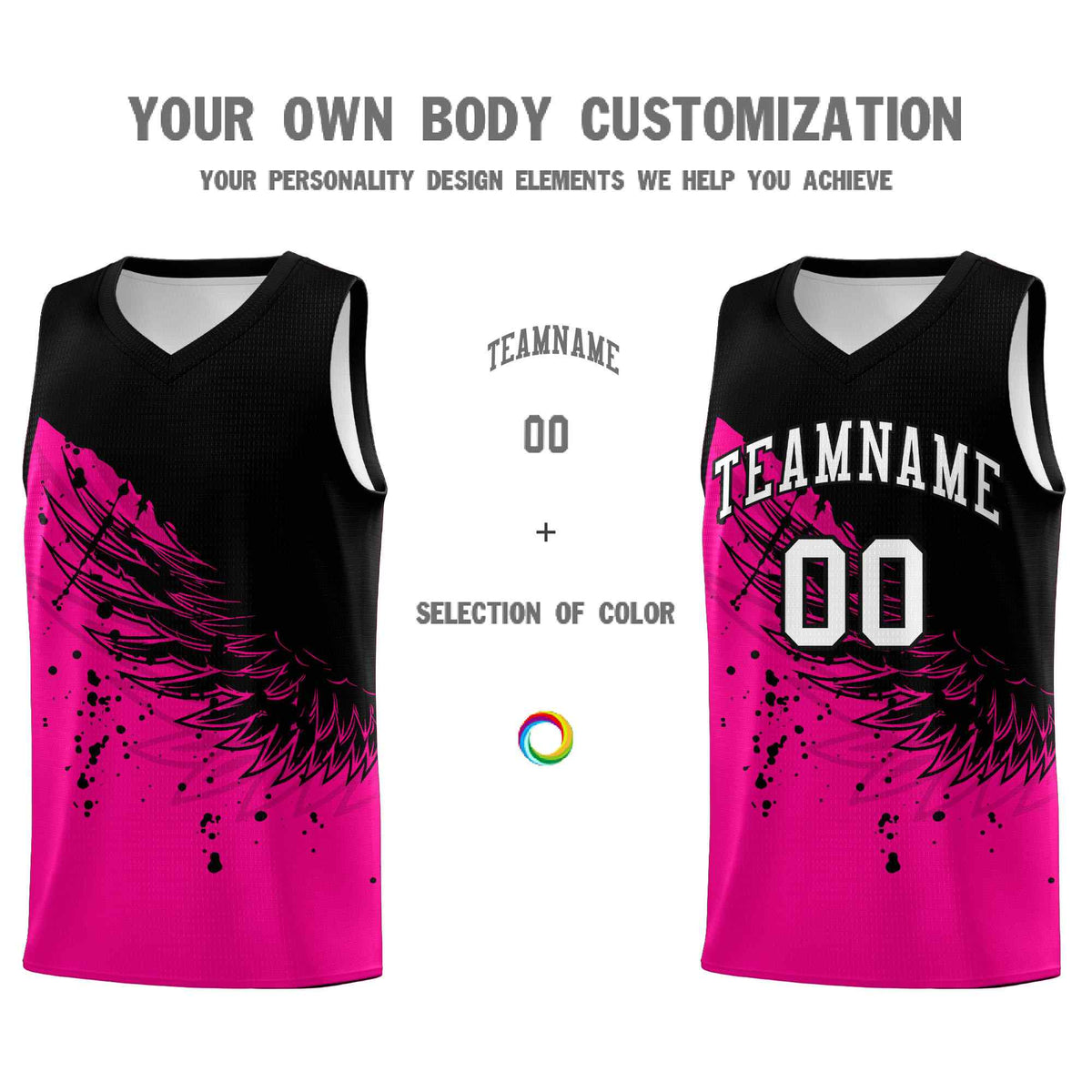 Custom Pink Black Wing Pattern Sports Uniform Basketball Jersey