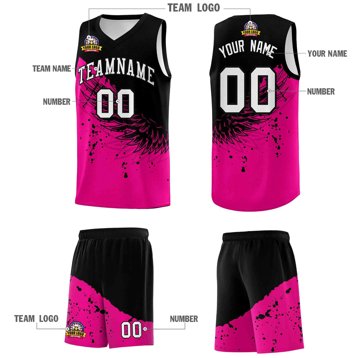 Custom Pink Black Wing Pattern Sports Uniform Basketball Jersey