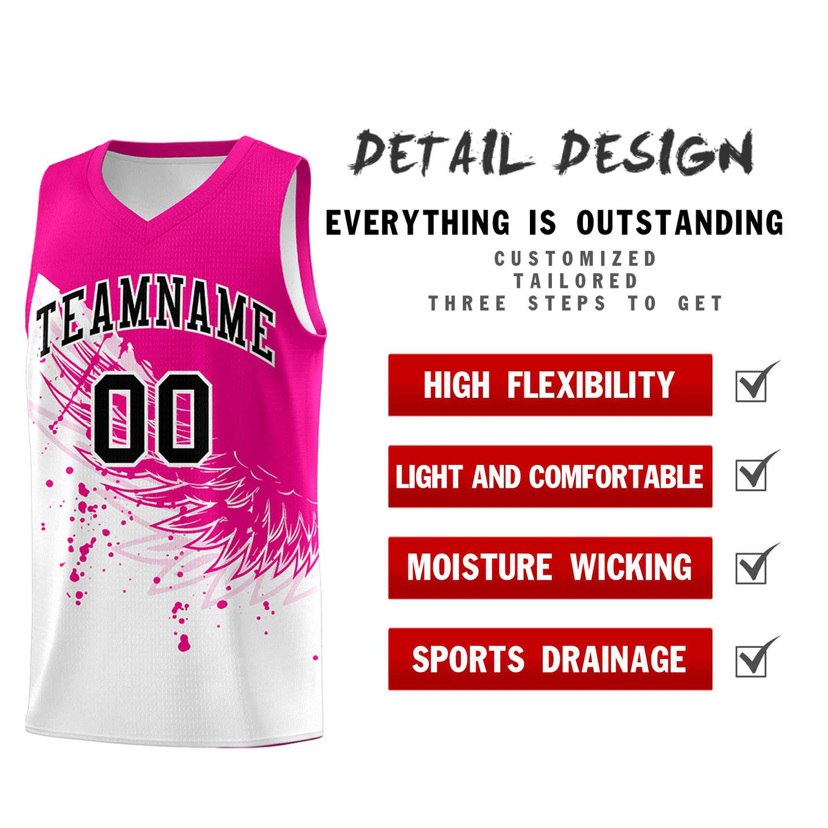 Custom White Pink Wing Pattern Sports Uniform Basketball Jersey